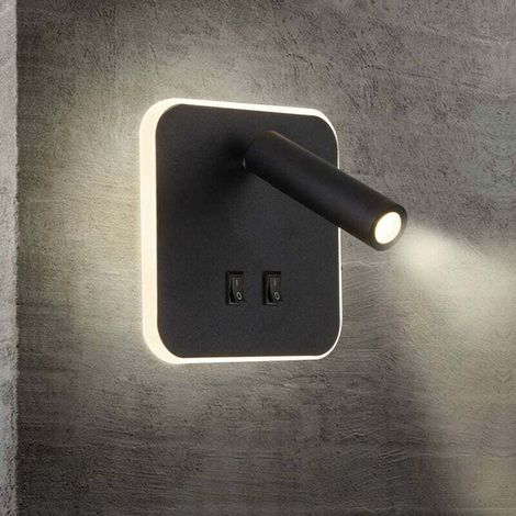 LED bedside lamp, indoor wall light, hotel wall light, hallway wall light with switch, black, 3W + 10W (warm light, square)