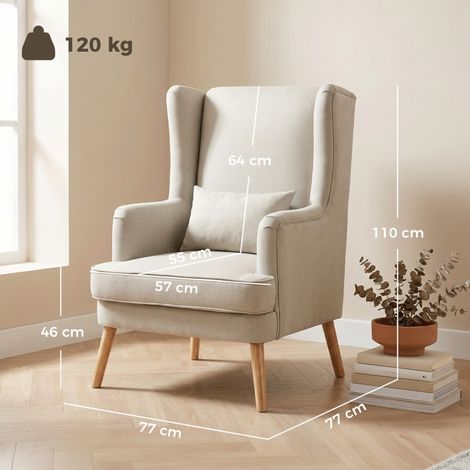 Fauteuil relax tissu lin beige, dossier haut, assise spacieuse, coussin lombaire, siège d'appoint élégant pour salon ou chambre, confort optimal. (1/5)