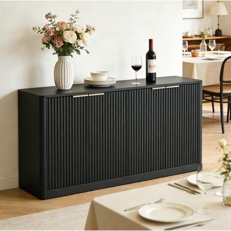 Credenza 4 ante in MDF con design a contorno curvo, nera, 150x40x70,5 cm (1/5)