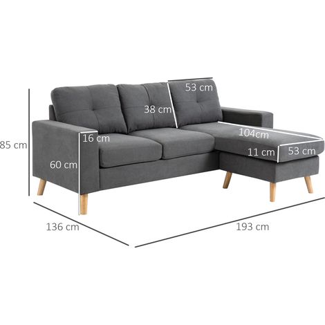 Ecksofa im Skandidesign, mit Knopfheftung, Massivholz, Leinenoptik, Grau