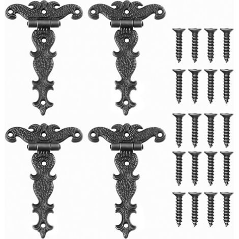 XEPHO 4 Pièces Charnières Vintage en Bronze Charnières Rétro en T, Charnières décoratives rétro sculptées, Charnières Pliantes en Bronze pour Portes, Armoires, Boîtes à Bijoux, Contient vis.