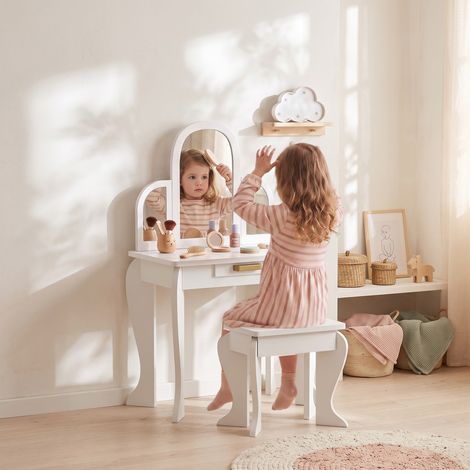 Coiffeuse blanche pour filles de 3 à 6 ans avec tabouret et tiroirs