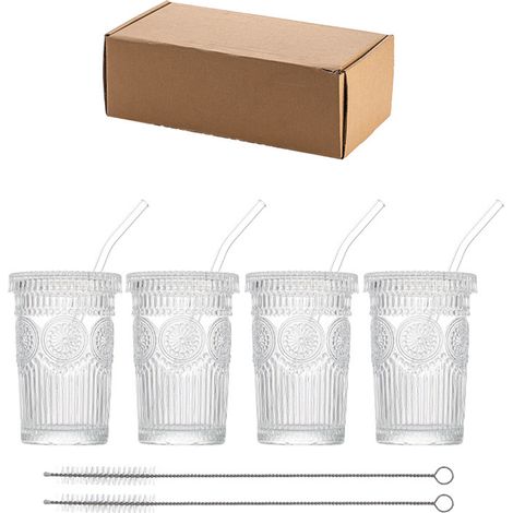 Lot de 4 verres à eau en verre côtelé style rétro motif tournesol relief avec couvercles et pailles pour boissons café (1/5)