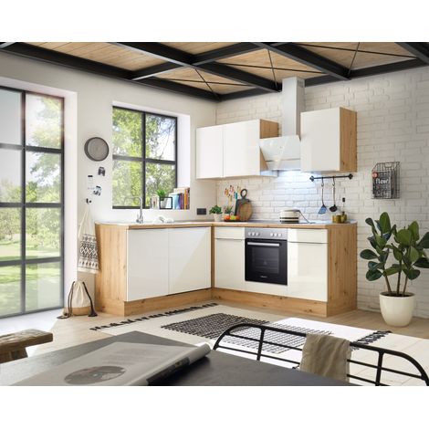 Küche Küchenzeile Winkelküche Marleen Premium 220 cm Weiß Artisan Eiche Respekta