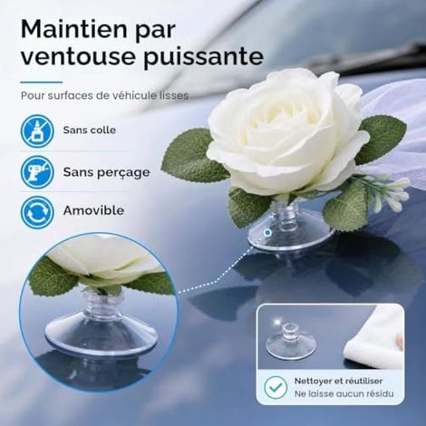 Kit de décoration pour voiture de mariage, comprenant 9 roses à ventouse, 2 rubans en tulle de 160 cm, 12 rubans et 2 rouleaux de ruban adhésif double face, adapté à la plupart des modèles de voitures (1/3)