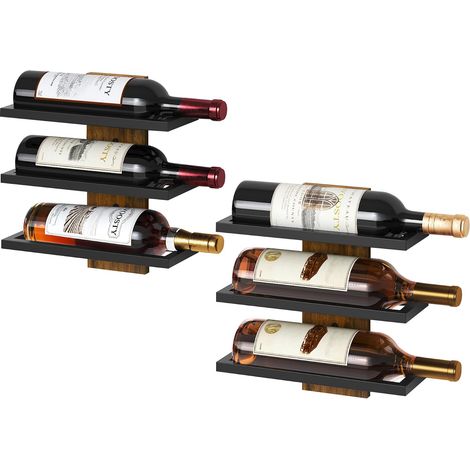 Lot de 2 - Étagère à vin - Porte-bouteilles - Support mural 3 niveaux - Métal et bois - Pour cave et salon - Noir - 60x25cm (1/5)
