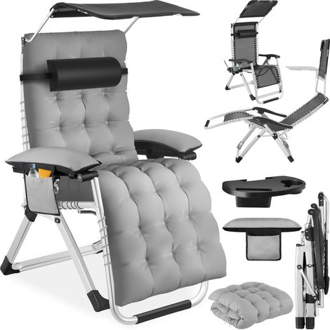 Chaise longue pliable avec pare-soleil et reposes-pieds gris clair
