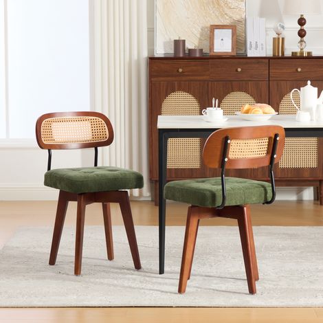 Lot de 2 chaises de salle à manger pivotantes 360° en chenille verte, dossier en rotin tressé (1/5)