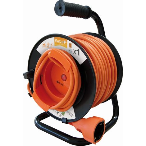 Garza - Enrollacables de 25 metros con asa, 1 toma Schuko, Protección infantil y sobrecarga, Tambor para cable, Uso interior (1/4)
