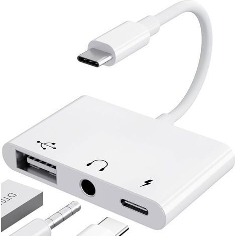 Adaptateur USB C Jack 3,5 mm avec Charge Rapide Adaptateur de OTG, Audio Ecouteur Splitter de Type C vers Aux (Blanc) (1/4)