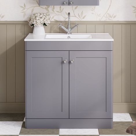 Nuie Classique Floor Standing 2-Door Vanity Unit with 1TH Minimalist Basin 800mm Wide - Satin Grey (1/5)