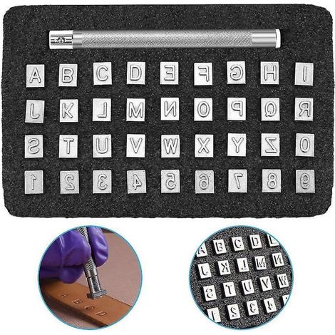 36 outils de marquage du cuir en métal, en acier argenté, pour les lettres A à Z et les chiffres 0 à 9, avec poignée d'impression.