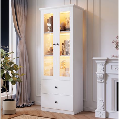 Vitrine 60x35.5x165 cm Weiß Matt MDF und Spanplatte mit LED-Beleuchtung, USB-Anschluss, verstellbaren Böden und Schubladen (1/5)