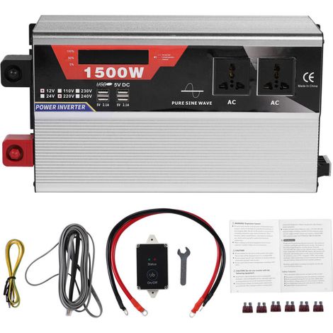 Rosvola 1500W Convertisseur 12V 220V Pur Sinus pour RV Voiture de Camion Onduleur Transformateur Onde Sinusoïdale Pure avec Télécommande 2.1A USB Ports (1/5)