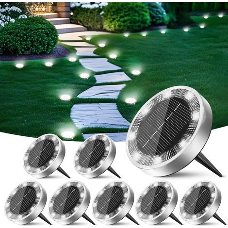 Confezione da 8 luci solari piatte da esterno a disco - Illuminazione paesaggistica a luce bianca fredda per sentieri, giardini e vialetti (1/5)