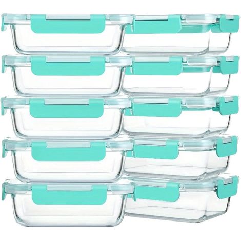 Recipientes de vidrio para alimentos, a prueba de fugas, apilables, verdes, 10 unidades (1/2)