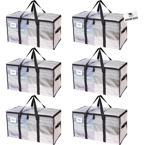 Lot de 6 Sacs de Déménagement Extra-Larges Robustes – Poignées et Fermeture Éclair Solides, Alternative aux Boîtes, Économiseur d'Espace avec Étiquette, Transparent