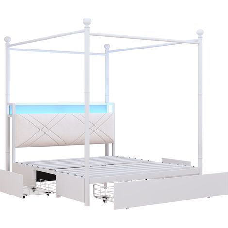 Letto matrimoniale 140 x 190 in metallo bianco con baldacchino, LED, USB Type-C e 3 cassetti (1/5)