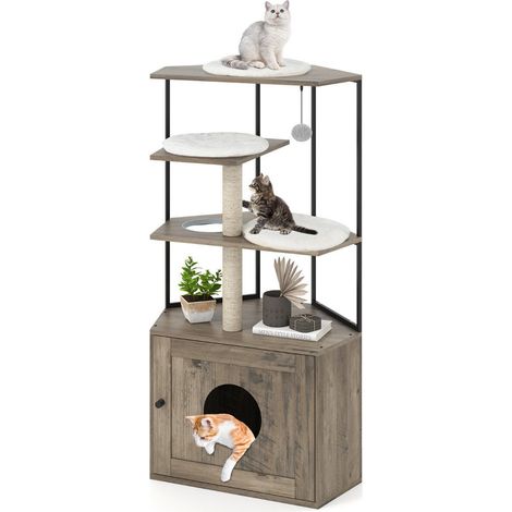 Structure métal et bois, meuble litière avec arbre à chat pour petit espace, niche douillette, pompons avec clochettes (1/5)