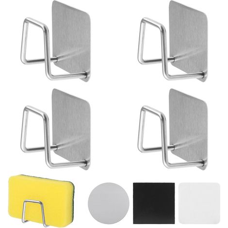 Lot de 4 porte-éponges magnétiques avec 4 patchs métalliques, support adhésif en acier inoxydable pour évier de cuisine (argenté) (1/4)