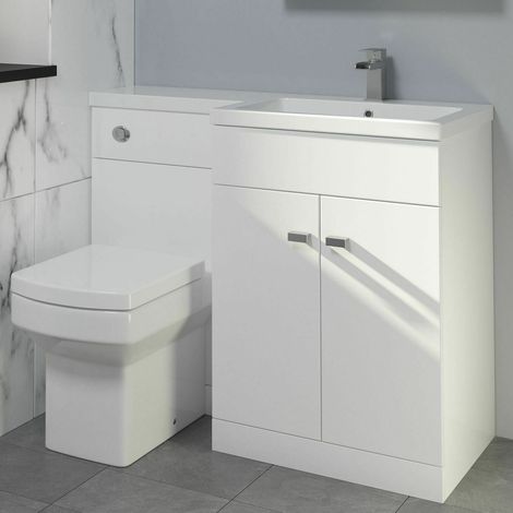 White Combination Vanity Unit Basin Sink Toilet Bathroom Furniture 1100mm Right Hand & Square Toilet Pan Gloss (1/5)