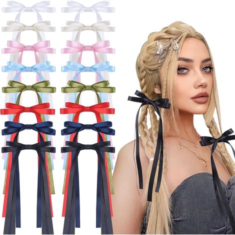 Lot de 16 pinces à cheveux avec nœuds, rubans et pompons en satin uni, accessoires pour cheveux, élastiques à queue de cheval, pinces métalliques, barrettes