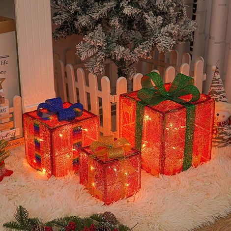 3 boîtes cadeaux lumineuses Noël rouge festif LED, 8 modes lumière, décoration intérieure Noël (1/5)