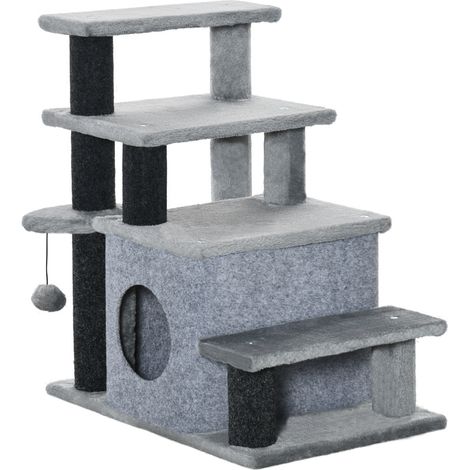 Treppe pour chat 3-4 marches avec niche, balle de jeu et revêtement en peluche, panneau de particules robuste 60x40x66 cm (1/5)
