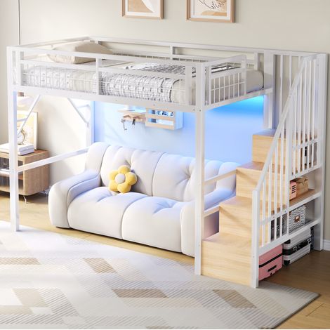 Letto a soppalco 254x95.5x160 cm, con LED integrati, scala con contenitore, ferro e MDF, bianco (1/5)