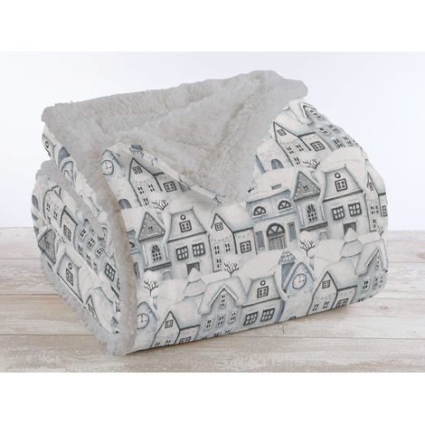 Coperta Plaid in Pile Sherpa Invernale in Finta Pelliccia 320 Gr-Mq Winter Houses - Due piazze 200x230