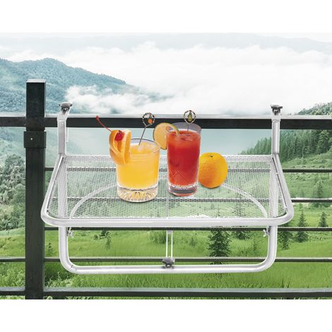 Tavolino da balcone sospeso con braccio regolabile e struttura in metallo regolabile in altezza su 3 posizioni, 60x56x50 cm, bianco.