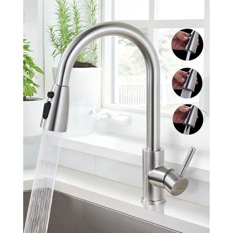 Küchenarmatur mit ausziehbarer Brause, 360° schwenkbarem Auslauf, 2 Strahlarten, Einhebel-Hochdruckmischer, ausziehbarer Spültischarmatur, Edelstahl (1/4)