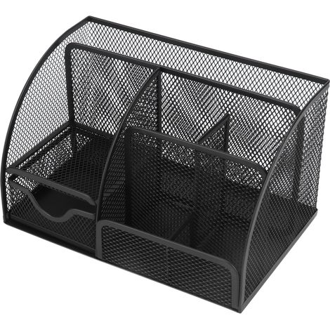 Porte-stylos de bureau en maille, 7 compartiments, multifonction, noir, robuste, pour la maison et le bureau. (1/5)
