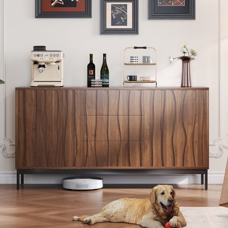 Buffet avec 3 tiroirs et 2 portes, Armoire, Buffet de rangement, texturé en chêne foncé, 150x40x80 cm, pour cuisine, salon - Marron (1/5)