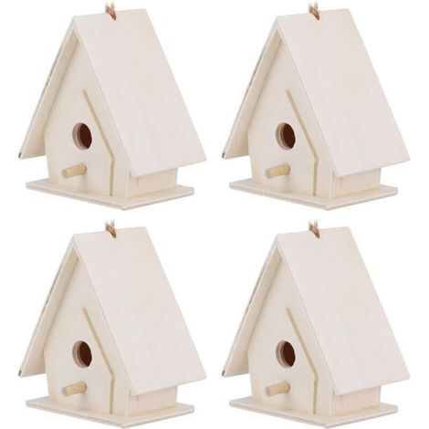 GDHZS- Nichoirs en Bois, 4 Pièces de Mini Nichoirs en Bois avec Poteau, Artisanat D'ornement de Cage de Nids d'oiseaux Suspendus pour Décor de Cour de Jardin (1/4)