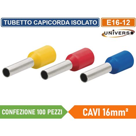 CONFEZIONE 100 PEZZI TUBETTO TERMINALE CAPICORDA ISOLATO PER CAVI DA 16MM² TERMINALE DA 12MM - GIALLO ROSSO BLU - COLORE STRUTTURA:BLU (1/5)