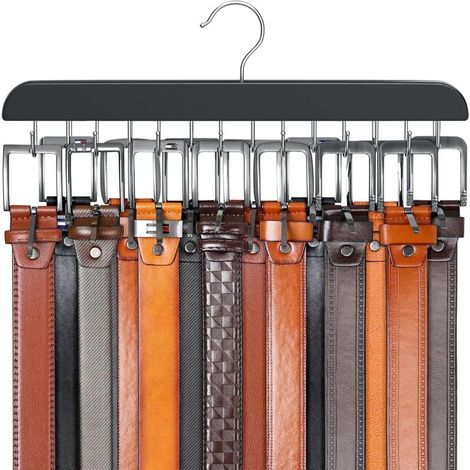 Cintre de Ceinture pour Placard Max 42 Ceintures, Organisateur de Ceinture, Accessoires de Placard avec 14 Crochets, Porte-Ceinture en Bois Robuste pour organiseurs de placards et Rangement-DOU