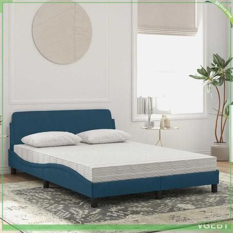 Lit avec matelas - Dover - Velours bleu - 140x190 cm - Matelas 17 cm H2/H3 (1/5)
