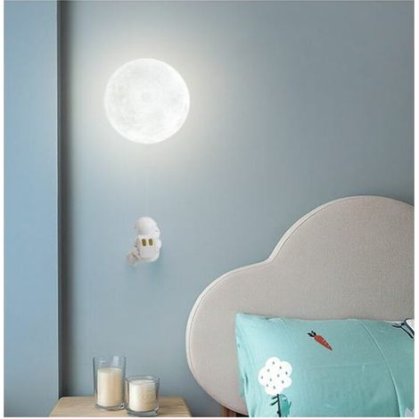 Lampada da parete a forma di luna per cameretta dei bambini, design creativo a forma di cartone animato di astronauta, lampada da parete per comodino, lampada LED tricolore, diametro 15 cm (1/4)