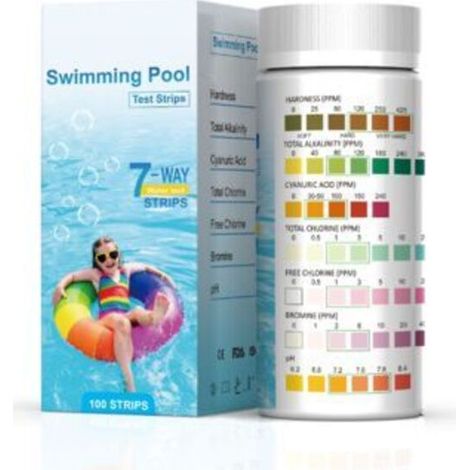 Lot de 100 bandelettes de test pour piscine - pH et chlore 7 en 1 - Dureté de l'eau - pH total - Chlore libre - Alcalinité totale, brome, acide cyanurique (1/5)