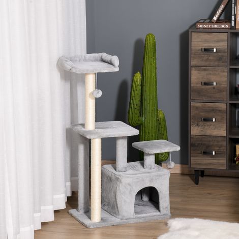 Árbol Rascador para Gatos Altura 114 cm con Postes de Sisal 3 Plataformas Casita y 2 Bolas Colgantes Gris Claro (1/5)