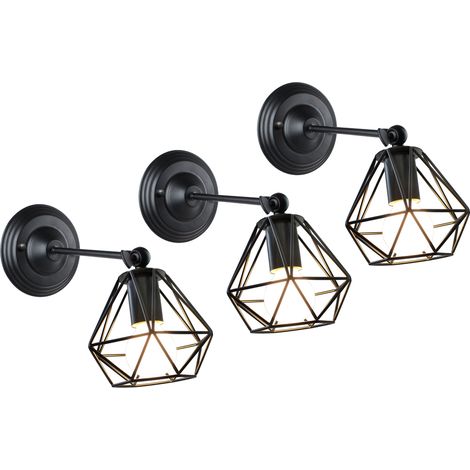 Applique Murale Intérieur Design Industrielle Vintage E27 16cm Plafonnier Cage Diamant Luminaire Noir 3 Pack