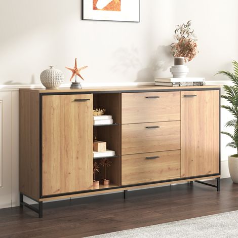 Buffet à trois 120x40x75 cm avec étagères réglables et éclairage LED Pour salon Bois Noir (1/5)