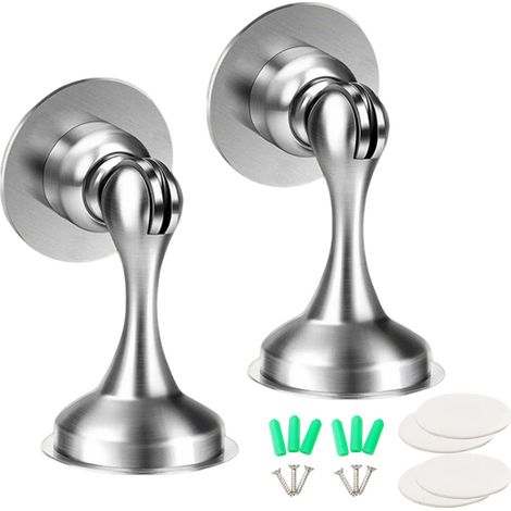 Lot de 2 butées de porte magnétiques en acier inoxydable, avec adhésif et vis. Idéales pour couloir, chambre, cuisine et salle de bain. Dimensions : 80 x 55 x 55 cm. Couleur : argent. (1/5)