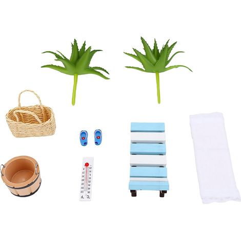 Mini Ensemble de Meubles Côtiers pour Maison de Poupée – Accessoires de Chaises en Bois pour Expositions Miniatures, Seau en Bois, Pantoufles, Serviette, Panier, Thermomètre, Arbre (1/5)