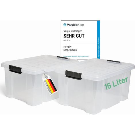 Novaliv 2x boîtes de rangement avec couvercle 15L boîtes de rangement empilables emboîtables transparentes avec fermeture à clip boîte en plastique