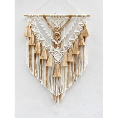Tapisserie macramé en coton tissé à la main avec pompons, décoration artisanale, chambre à coucher, salon, appartement, 55 x 75 cm (1/3)