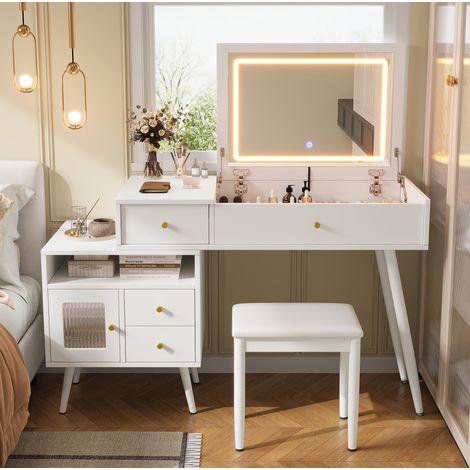 MEUBLIV coiffeuse 120x50x77,5 cm blanche – miroir LED rabattable, avec tabouret (1/5)