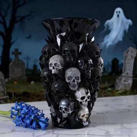 JSSEVN - Jarrón de resina con forma de calavera, soporte para flores con forma de esqueleto para flores frescas o secas, decoración oscura para el hogar en Halloween. (1/5)