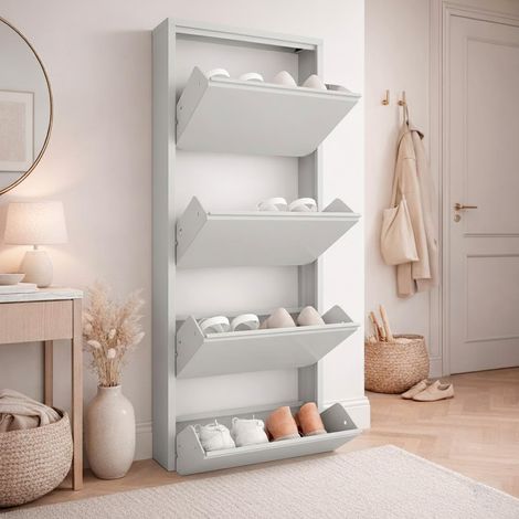 Arreditaly Scarpiera Slim In Metallo 4 Ante A Ribalta Ultra Sottile Salvaspazio Mobile Portascarpe Moderno Ingresso Camera Corridoio 138 x 50 x 15 Cm - Colore: Grigio (1/5)